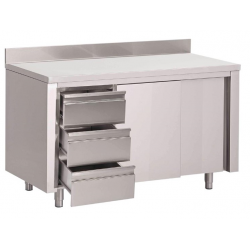Table armoire inox avec dosseret 3 tiroirs à gauche et portes coulissantes Gastro M 850x1200x700mm