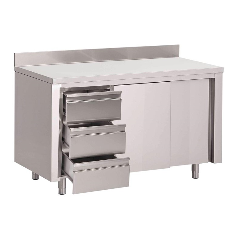 Table armoire inox avec dosseret 3 tiroirs à gauche et portes coulissantes Gastro M 850x1200x700mm