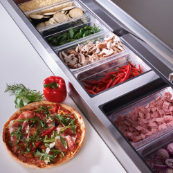 Table de préparation de pizza, 12 bacs GN 1/3, 4 tiroirs + 1 portes battantes solides 