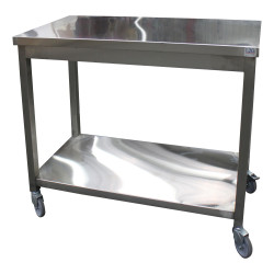 Table Inox 304 Soudee Centrale Roulante + Etagere - 4 Roues Ø100 Mm Chapes Zinguees Dont 2 Freinees 