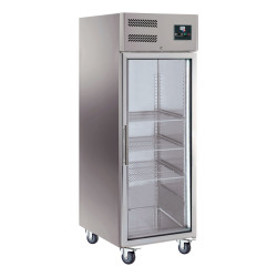 Armoire Refrigeree Inox, 1 Porte Vitree, -18/-22°C - Ventile, Gaz R290A, 3 Gr. Gn2/1, Roulettes Ø100 Mm 