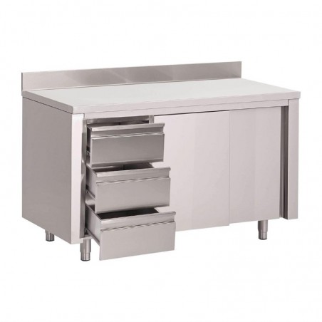 Gastro M - Table armoire inox avec dosseret 3 tiroirs à gauche et portes coulissantes